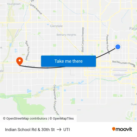 Indian School Rd & 30th St to UTI map