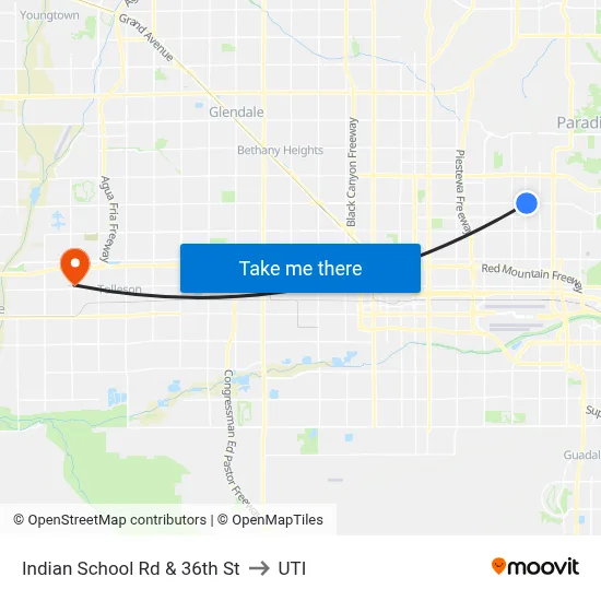 Indian School Rd & 36th St to UTI map