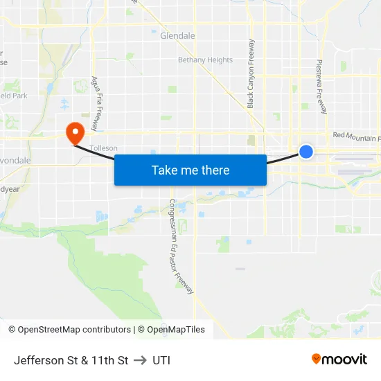 Jefferson St & 11th St to UTI map