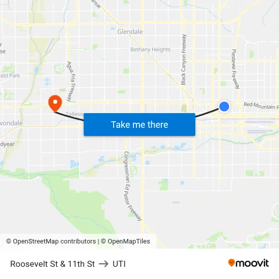 Roosevelt St & 11th St to UTI map