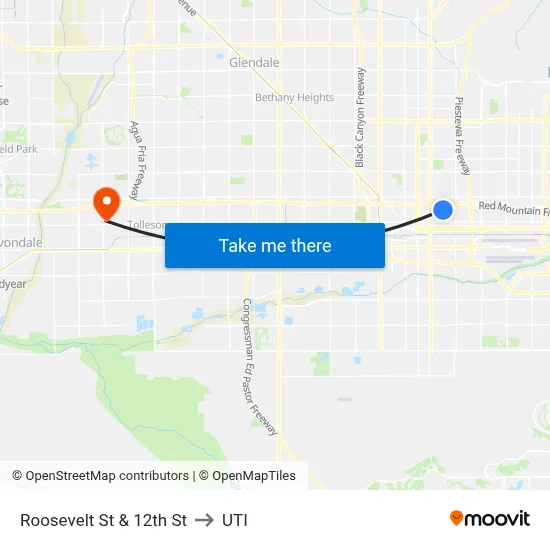 Roosevelt St & 12th St to UTI map