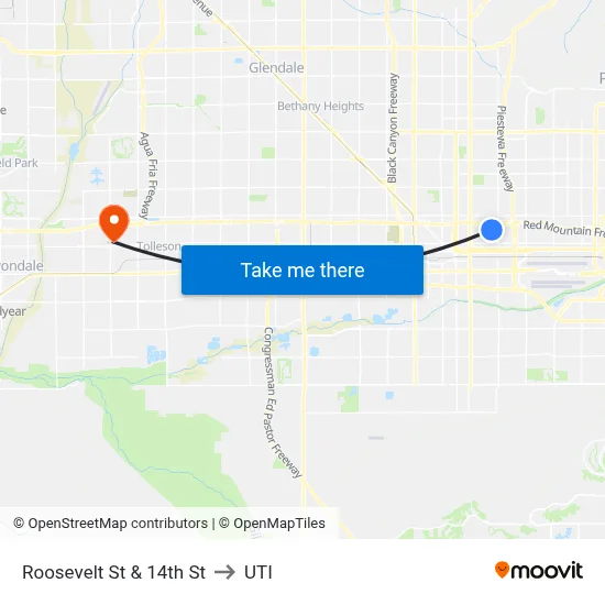 Roosevelt St & 14th St to UTI map