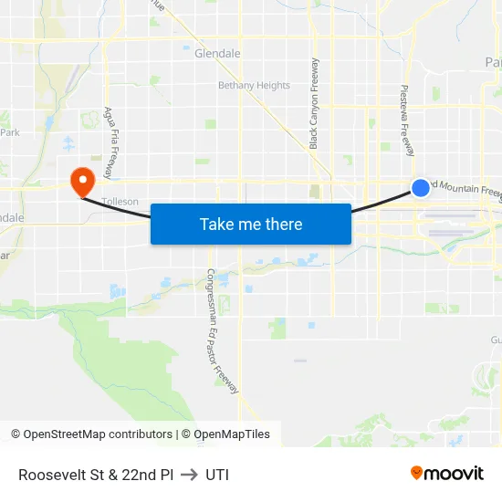 Roosevelt St & 22nd Pl to UTI map