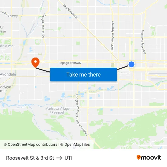 Roosevelt St & 3rd St to UTI map