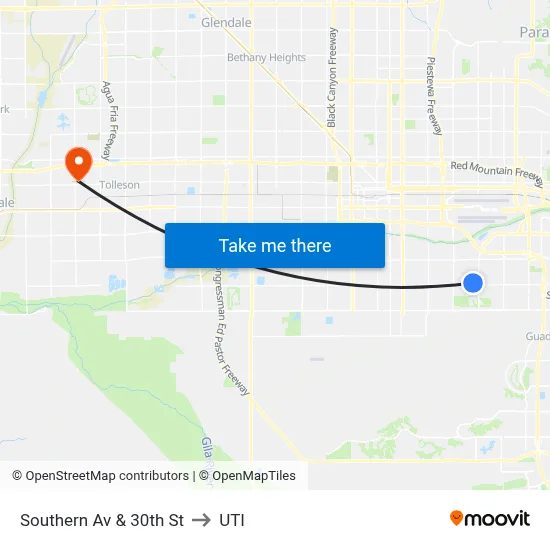 Southern Av & 30th St to UTI map