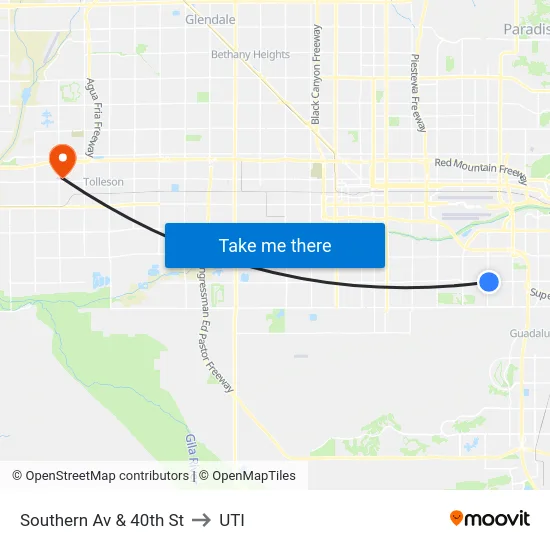 Southern Av & 40th St to UTI map