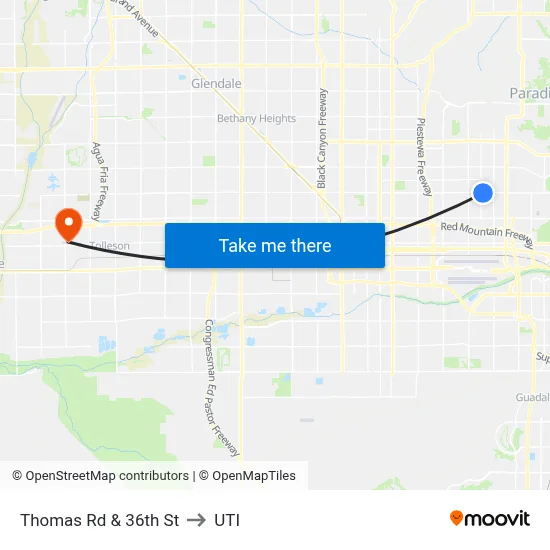 Thomas Rd & 36th St to UTI map