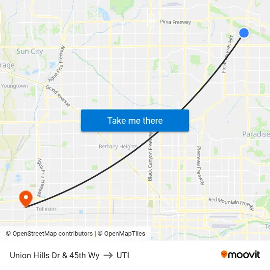 Union Hills Dr & 45th Wy to UTI map