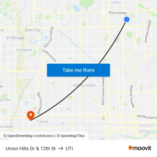 Union Hills Dr & 12th St to UTI map