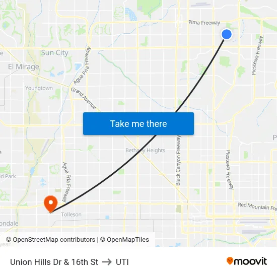 Union Hills Dr & 16th St to UTI map