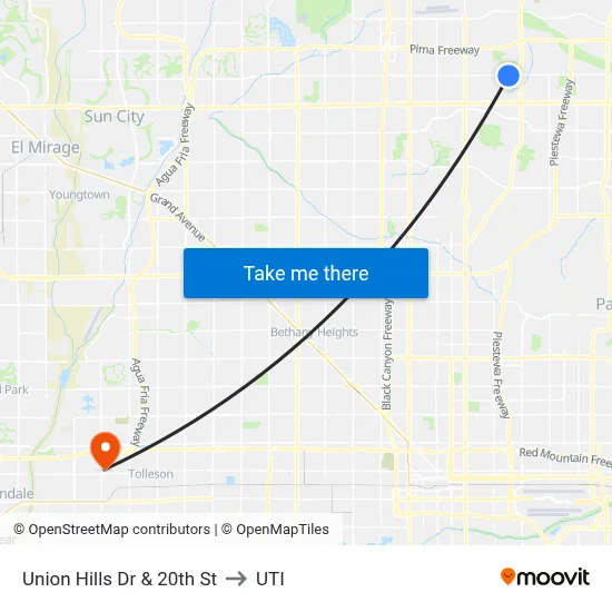 Union Hills Dr & 20th St to UTI map