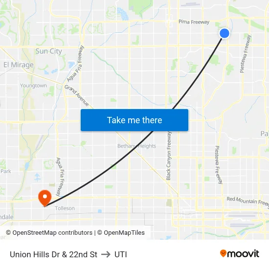 Union Hills Dr & 22nd St to UTI map