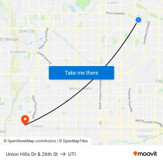 Union Hills Dr & 26th St to UTI map