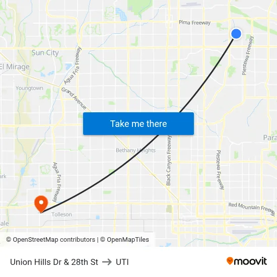 Union Hills Dr & 28th St to UTI map