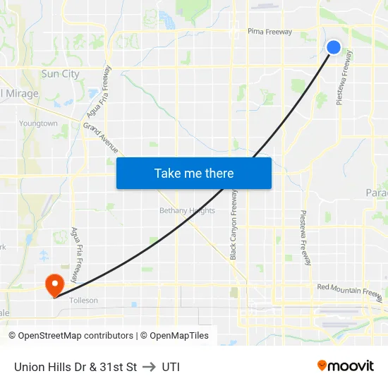 Union Hills Dr & 31st St to UTI map