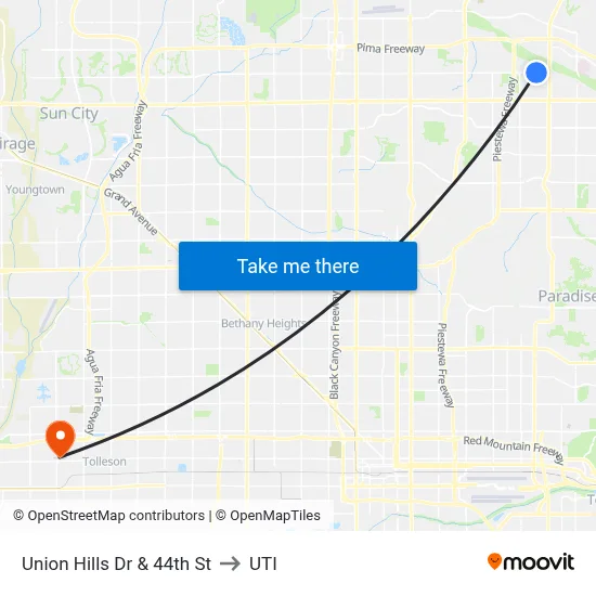 Union Hills Dr & 44th St to UTI map