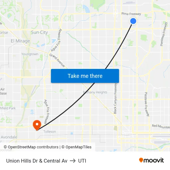 Union Hills Dr & Central Av to UTI map