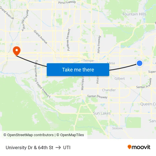 University Dr & 64th St to UTI map