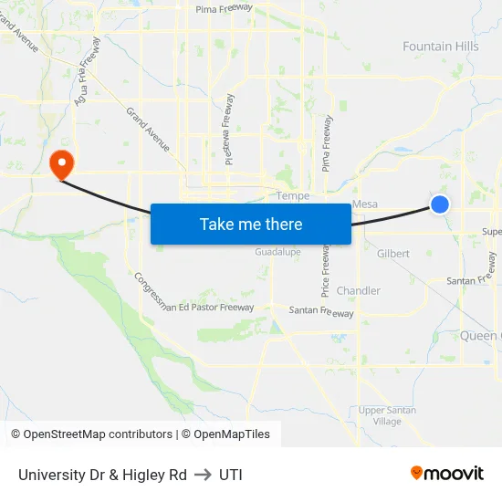 University Dr & Higley Rd to UTI map