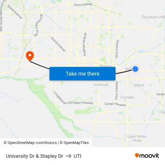 University Dr & Stapley Dr to UTI map