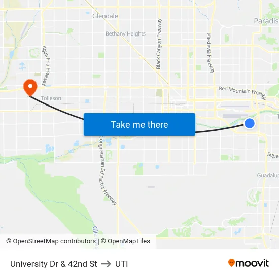 University Dr & 42nd St to UTI map