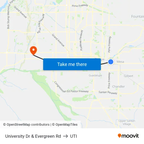 University Dr & Evergreen Rd to UTI map