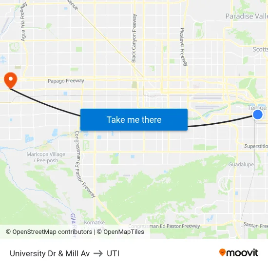University Dr & Mill Av to UTI map