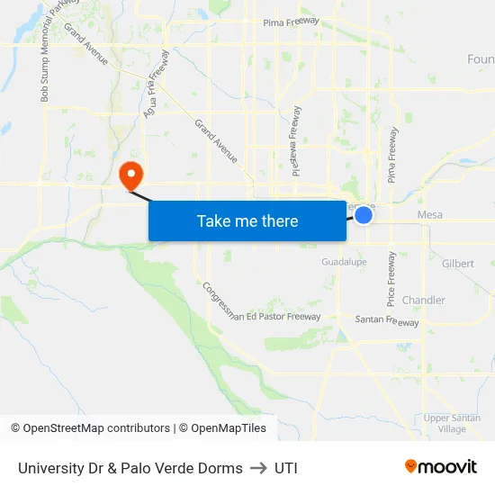 University Dr & Palo Verde Dorms to UTI map