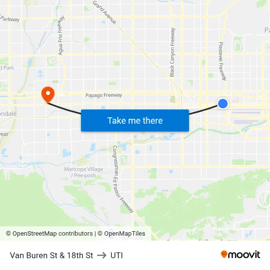 Van Buren St & 18th St to UTI map