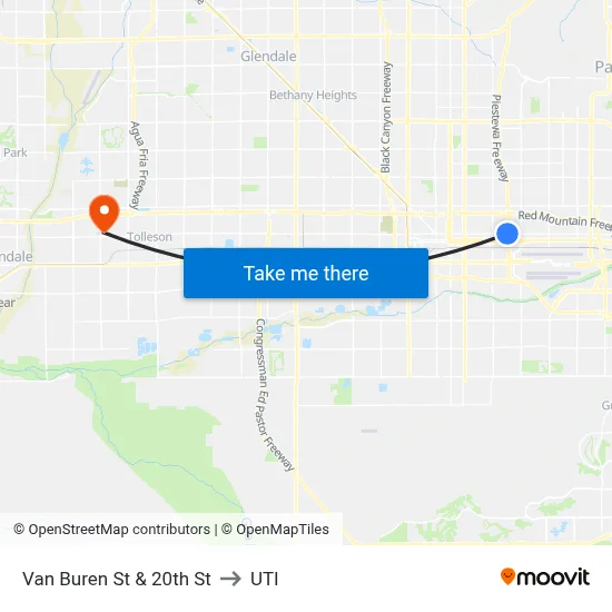 Van Buren St & 20th St to UTI map