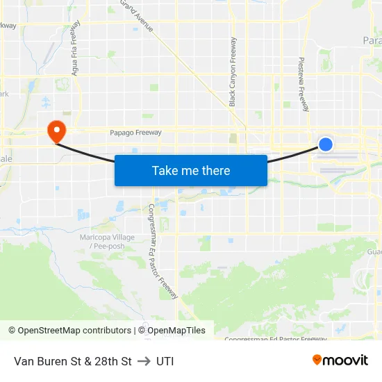 Van Buren St & 28th St to UTI map