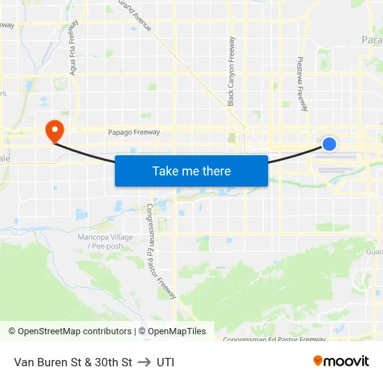 Van Buren St & 30th St to UTI map