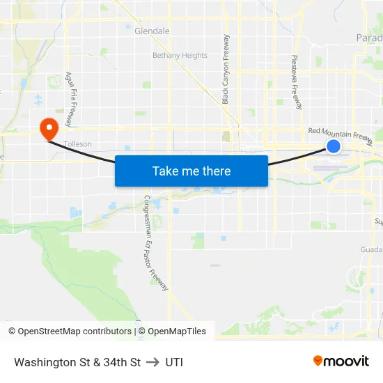 Washington St & 34th St to UTI map