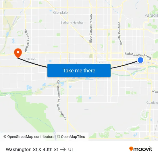 Washington St & 40th St to UTI map