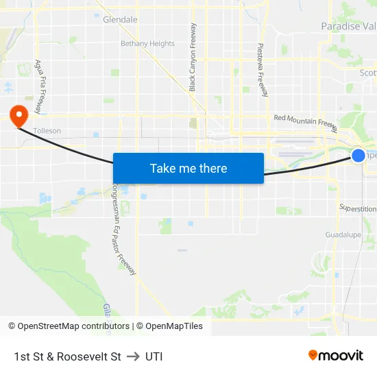 1st St & Roosevelt St to UTI map