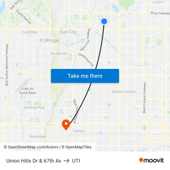 Union Hills Dr & 67th Av to UTI map