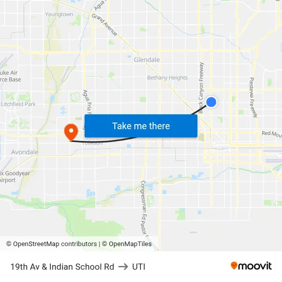 19th Av & Indian School Rd to UTI map