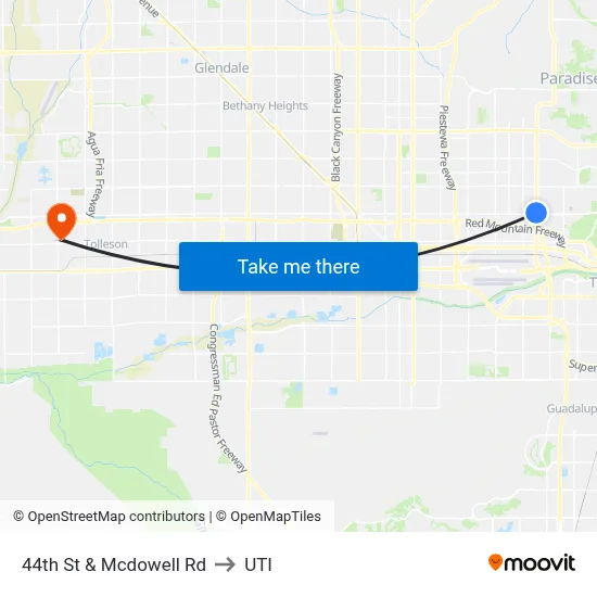 44th St & Mcdowell Rd to UTI map