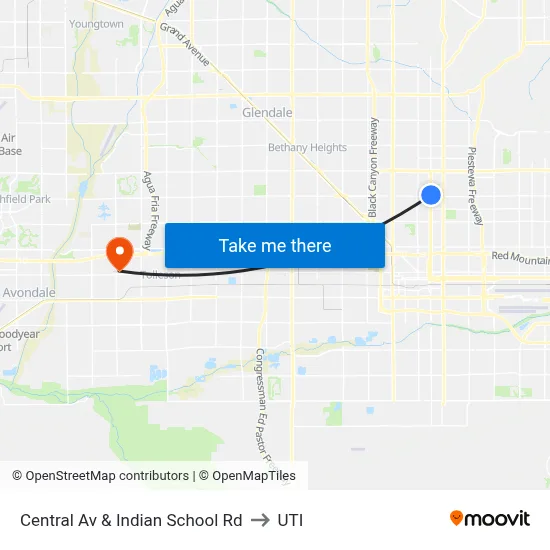 Central Av & Indian School Rd to UTI map