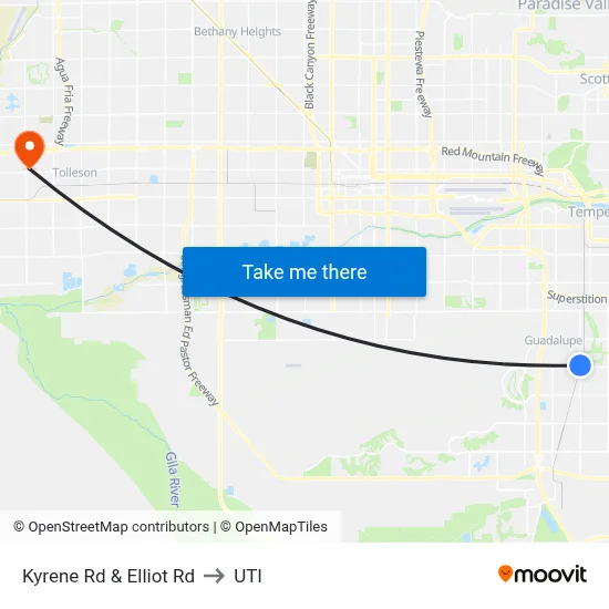 Kyrene Rd & Elliot Rd to UTI map
