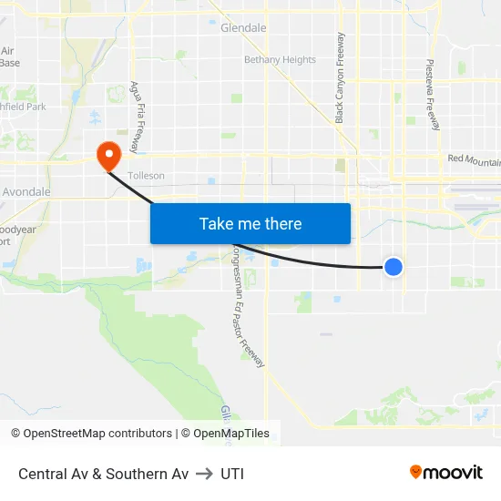 Central Av & Southern Av to UTI map