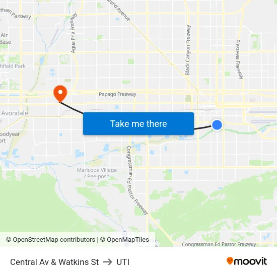 Central Av & Watkins St to UTI map