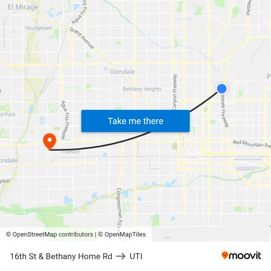 16th St & Bethany Home Rd to UTI map