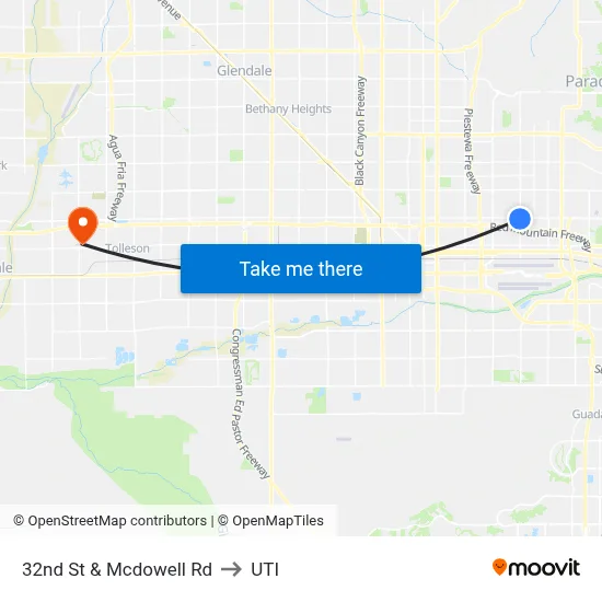 32nd St & Mcdowell Rd to UTI map