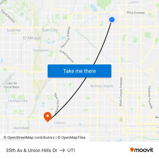 35th Av & Union Hills Dr to UTI map