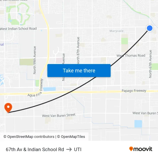 67th Av & Indian School Rd to UTI map