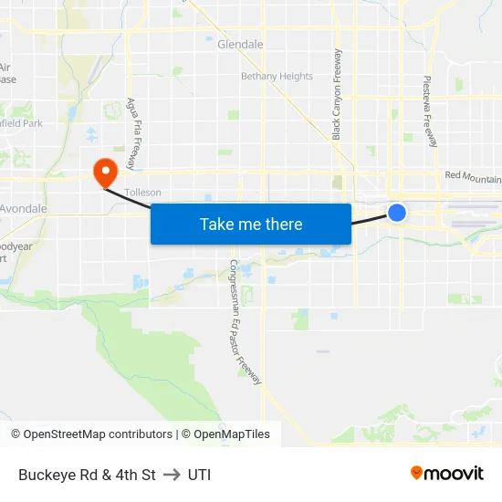 Buckeye Rd & 4th St to UTI map