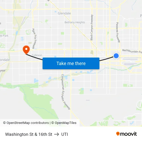 Washington St & 16th St to UTI map