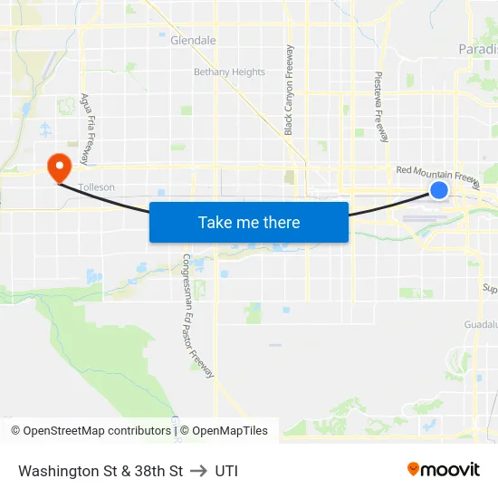 Washington St & 38th St to UTI map