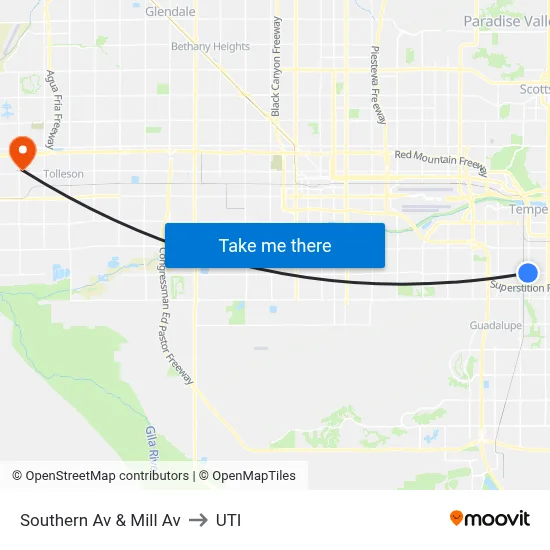 Southern Av & Mill Av to UTI map